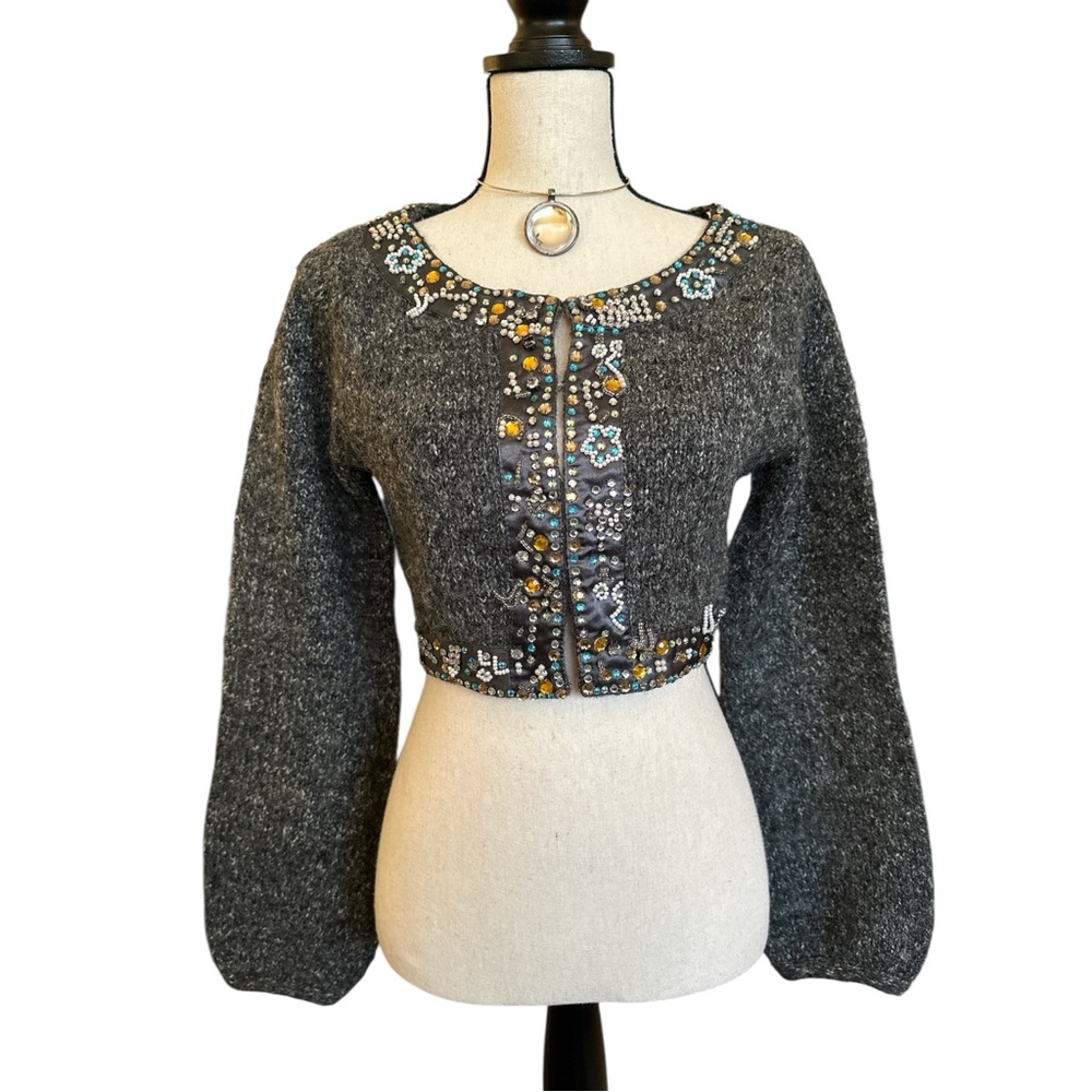 Vintage Boho Glam CENIT Embellished Mohair Blend Cropped Cardigan | Size Small